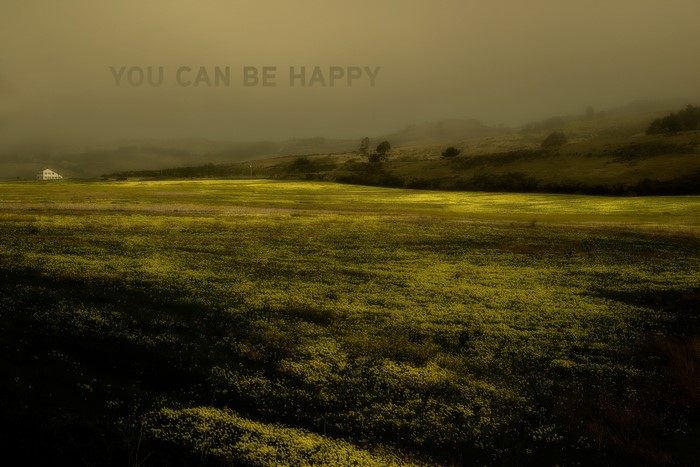 You Can Be Happy text over a foggy landscape