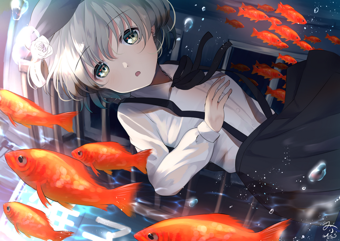 Girl in school uniform with goldfish underwater