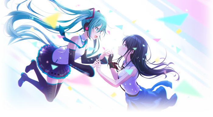 Hatsune Miku and girl holding hands