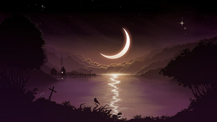 Crescent moon over a lake with a pier and a cross