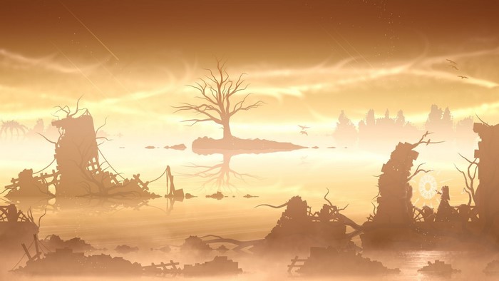 Post-apocalyptic landscape with ruins and a lone tree