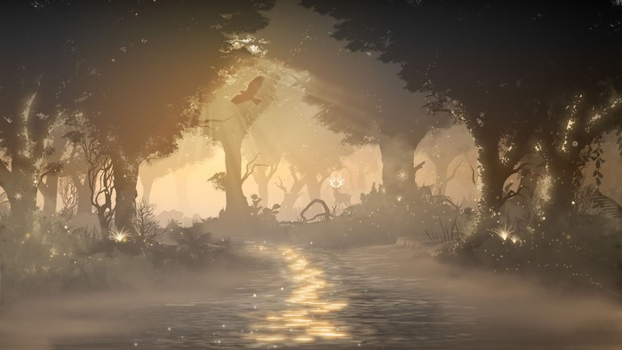 Mystical forest with sun rays and a river