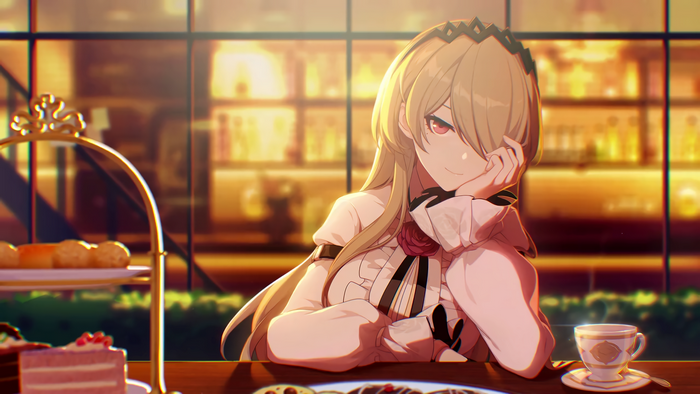 Rita Rossweisse from Honkai Impact 3rd at a cafe