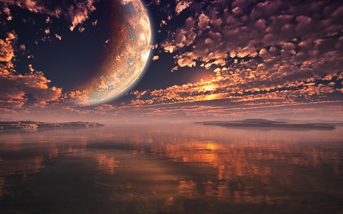 Landscape Sunset with Moon and Sea Reflection