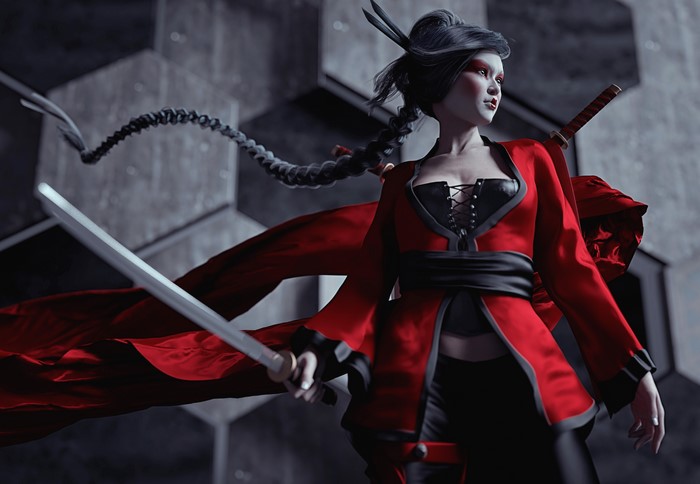 Woman in red clothing with swords and braids