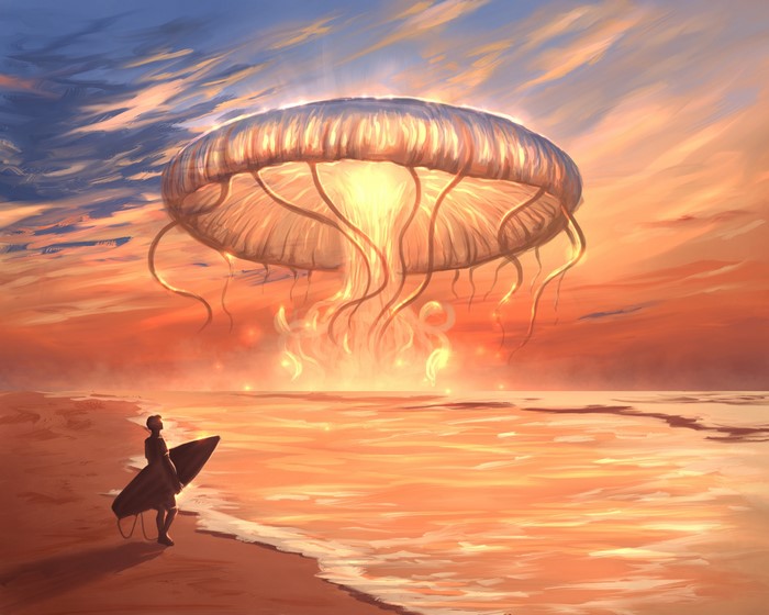 Giant Jellyfish Overlooking Beach Sunset