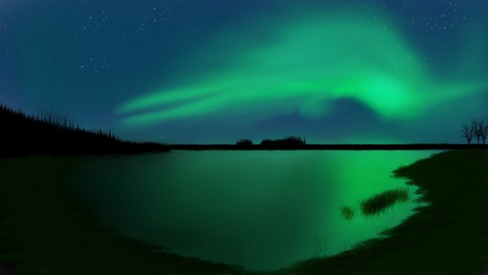 Aurora Borealis over a lake with trees