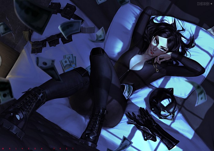 Catwoman from DC Comics lying on a bed with money