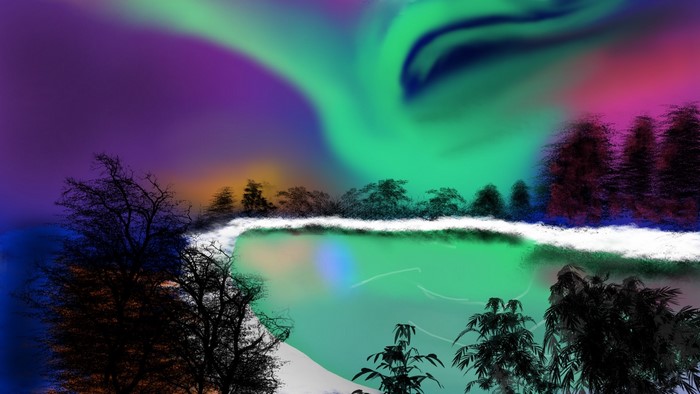Digital painting of a surreal landscape with aurora borealis