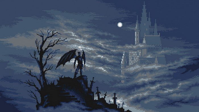 Pixel art of a winged figure overlooking a castle at night