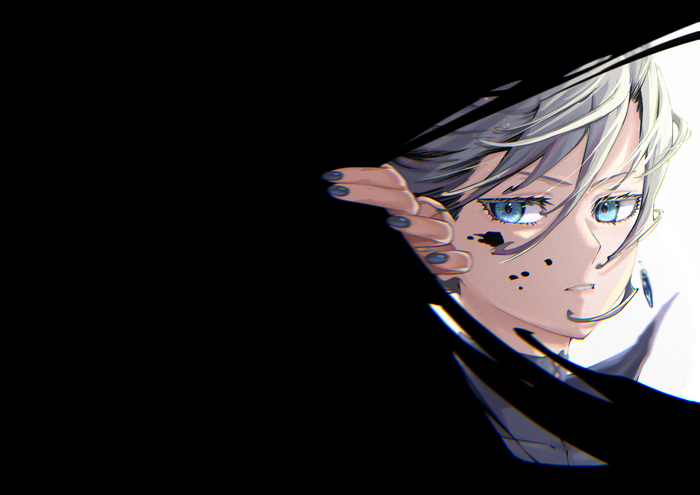 Anime girl with gray hair and cyan eyes
