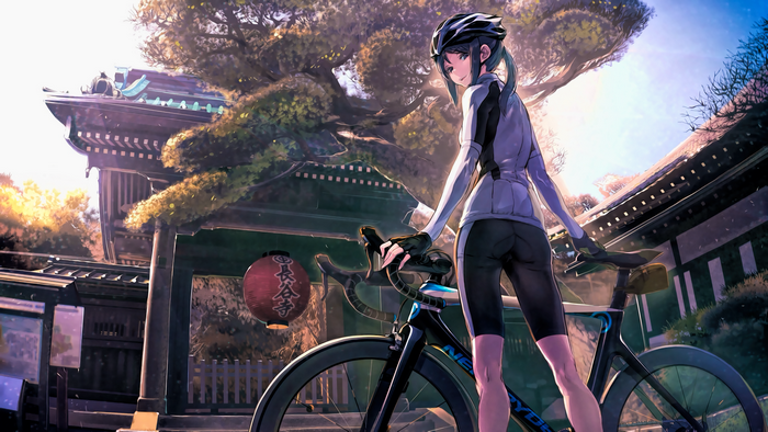 Girl with bicycle in front of Japanese temple