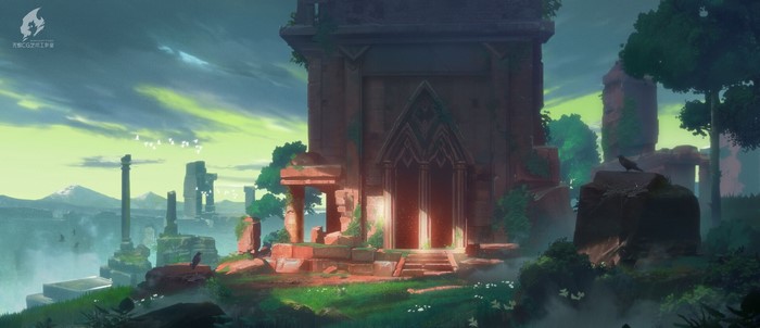 Fantasy ruins with ancient architecture and birds