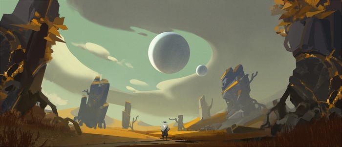 Fantasy landscape with moons and ruins