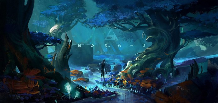 Fantasy art of a figure in a glowing forest with a river