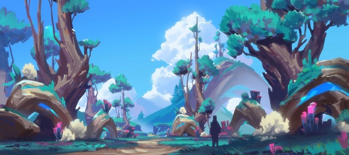 Fantasy landscape with alien trees and crystals