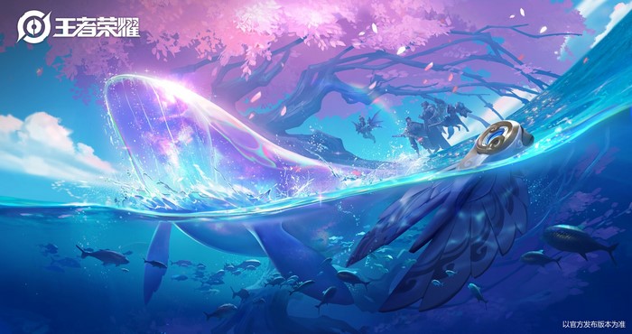 Whale and characters in fantasy underwater scene
