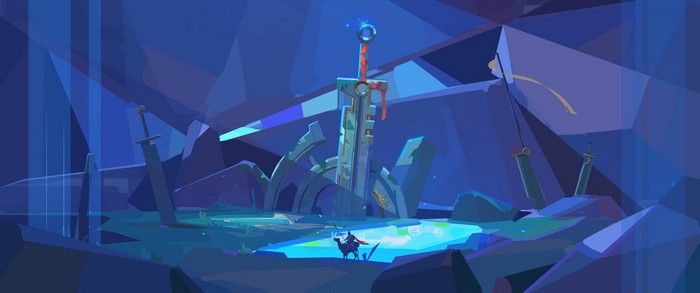 Fantasy art of a knight on a horse near a giant sword