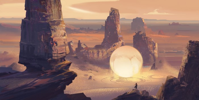 Fantasy desert landscape with a glowing orb and rock formations