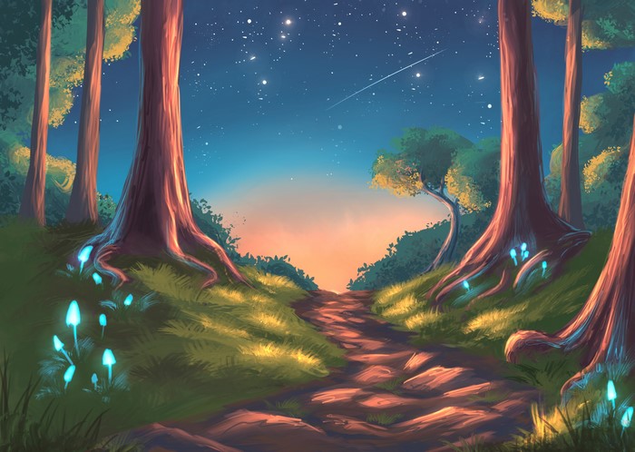 Digital art of a forest path at sunset with stars
