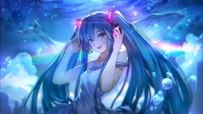 Hatsune Miku from Vocaloid underwater with a whale