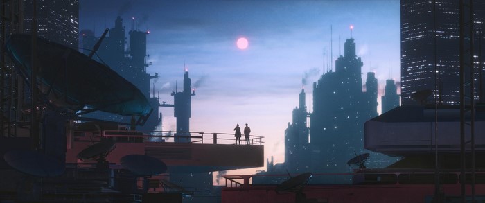 Couple overlooking a futuristic cityscape at sunset