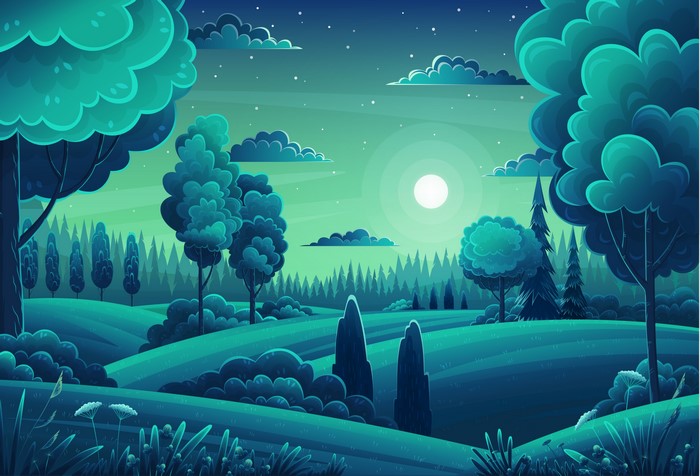 Cartoon night landscape with moon and stars