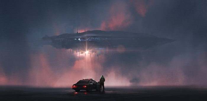 Futuristic spaceship and police car in mist