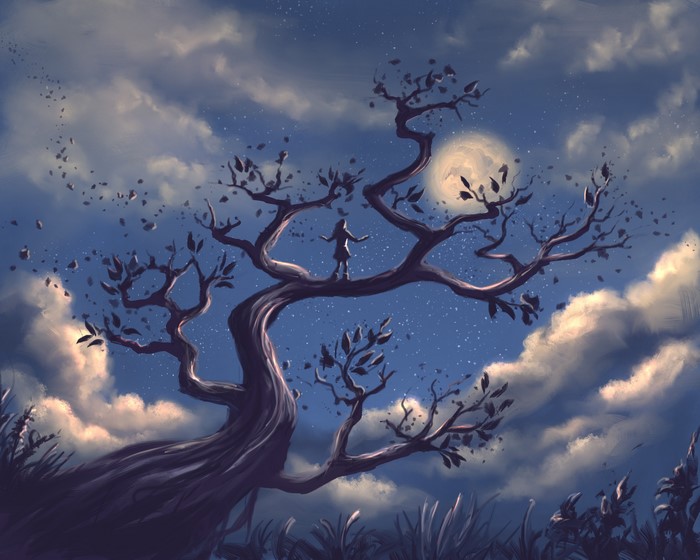 Girl on a tree branch under the moon