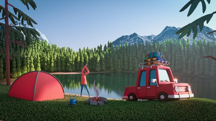 Cartoon camping scene with car, tent, and mountains
