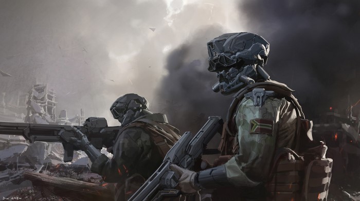 Futuristic soldiers in a war-torn city