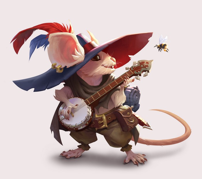 Mouse playing banjo with a bee nearby
