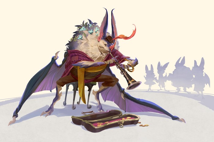 Fantasy bat musician playing clarinet with audience