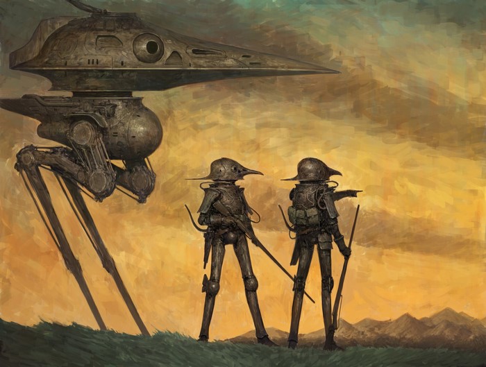 Science fiction artwork of soldiers and a walker