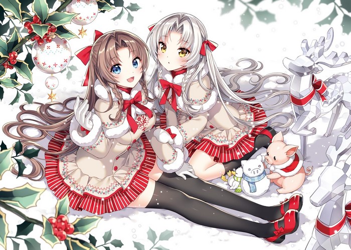 Anime girls in winter outfits with Christmas decorations