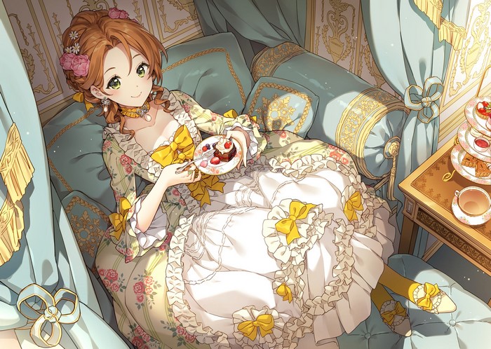 Anime girl in rococo dress eating cake