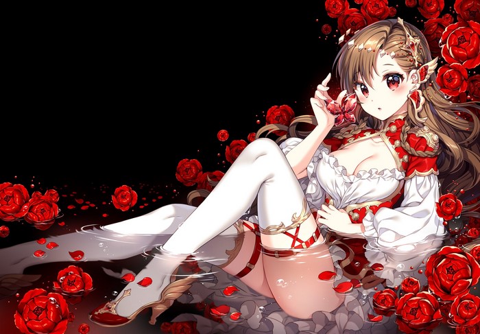 Anime girl with brown hair and red eyes in a white and red dress