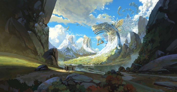 Fantasy landscape with ancient ruins and mountains by Sin Jong Hun