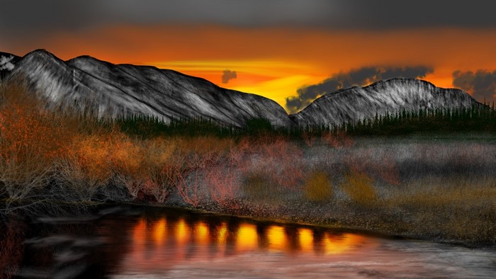Digital painting of a mountain landscape at sunset