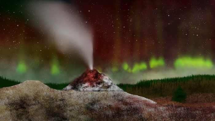 Volcano erupting under the aurora borealis at night
