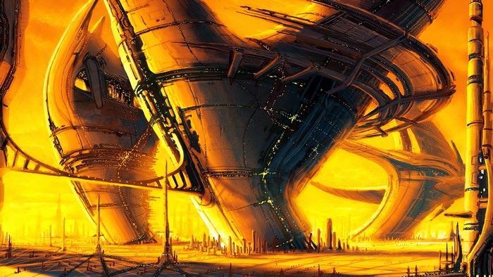 yellow, dystopian, cyberpunk, futuristic, artwork, drawing, mist, building, science fiction, sunlight, digital art, world