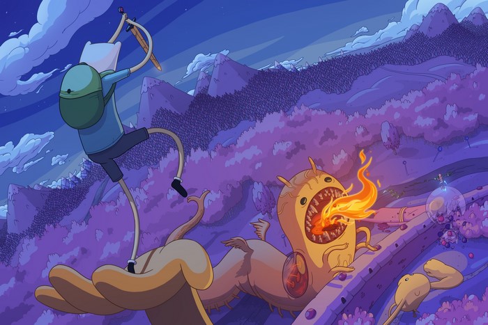 Finn the Human battles a fire-breathing monster in Adventure Time