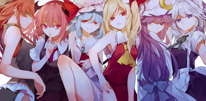 Hong Meiling, Patchouli Knowledge, Remilia Scarlet, Touhou, Risui, Flandre Scarlet, anime girls, Izayoi Sakuya, Koakuma