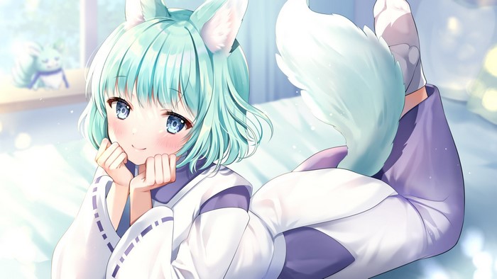 tail, short hair, yuga, smiling, lying on front, anime girls, animal ears, anime, aqua hair