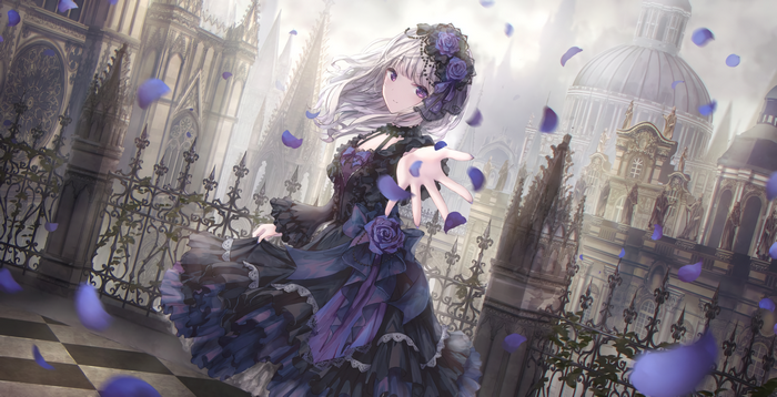 dress, gothic lolita, anime girls, anime, missile228, silver hair, artwork, purple eyes