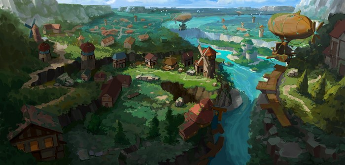 nature, artwork, digital art, river, windmill