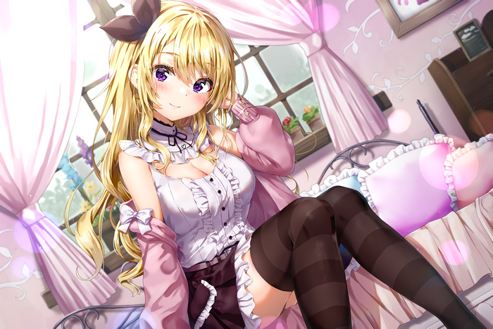 4K, purple eyes, long hair, thigh-highs, smiling, cleavage, anime, anime girls, bed, blonde, artwork, Kuria