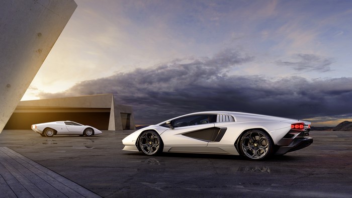 4K, white cars, car, Italian Supercars, vehicle, Lamborghini, sunrise, supercars, clouds, Lamborghini Countach