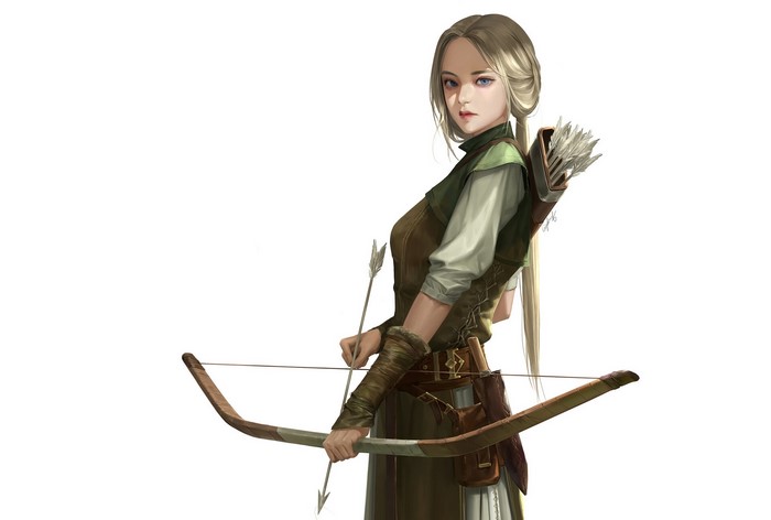 archer, blue eyes, digital, blonde, women, artwork, bow, Arrow