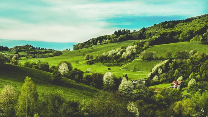 hills, landscape, house, nature